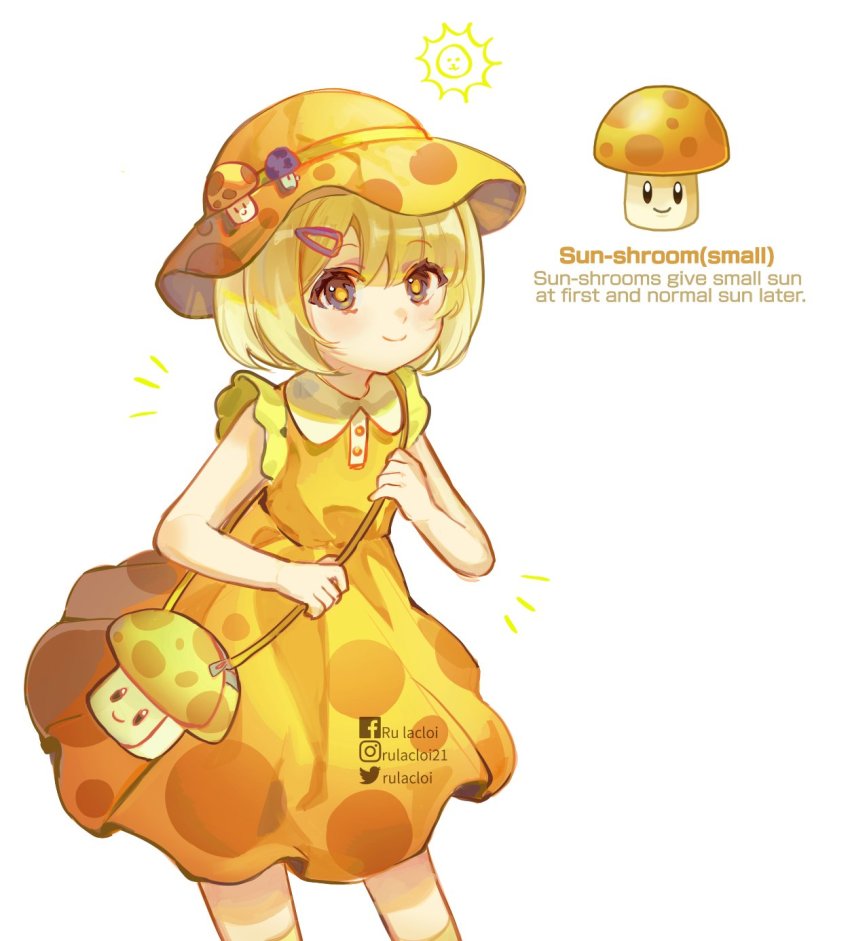 1girl blonde_hair closed_mouth cowboy_shot dress facebook_logo flat_chest hair_ornament hairclip happy highres instagram_logo instagram_username looking_at_viewer mushroom plants_vs._zombies puff-shroom_(plants_vs._zombies) rulacloi short_hair smile sun sun-shroom_(plants_vs._zombies) twitter_username white_background yellow_dress