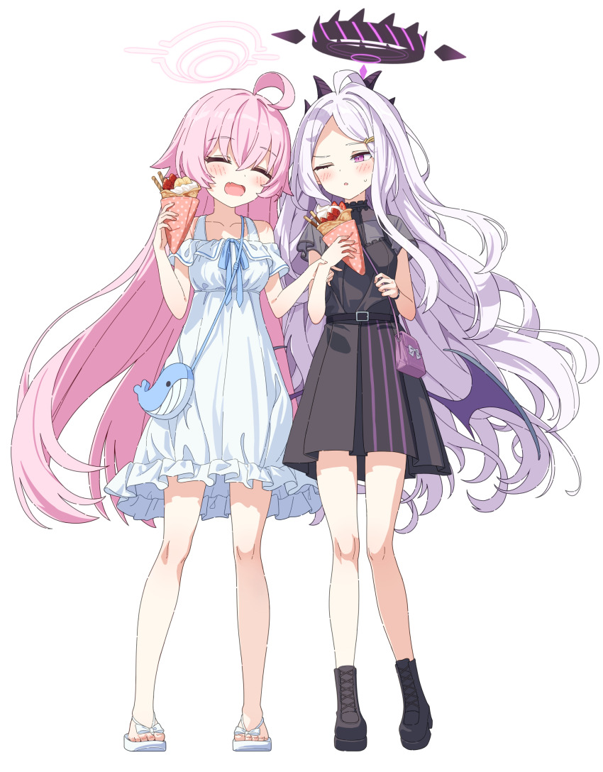 2girls absurdres ahoge alternate_costume bag bare_shoulders black_dress black_shoes blue_archive blue_bag blush closed_eyes crepe demon_girl demon_horns demon_wings dress food forehead hair_between_eyes highres hina_(blue_archive) holding holding_bag holding_crepe holding_food horns hoshino_(blue_archive) long_hair multiple_girls one_eye_closed open_mouth pink_hair purple_bag purple_eyes sandals seero shoes sidelocks sweatdrop white_dress white_hair white_sandals wings