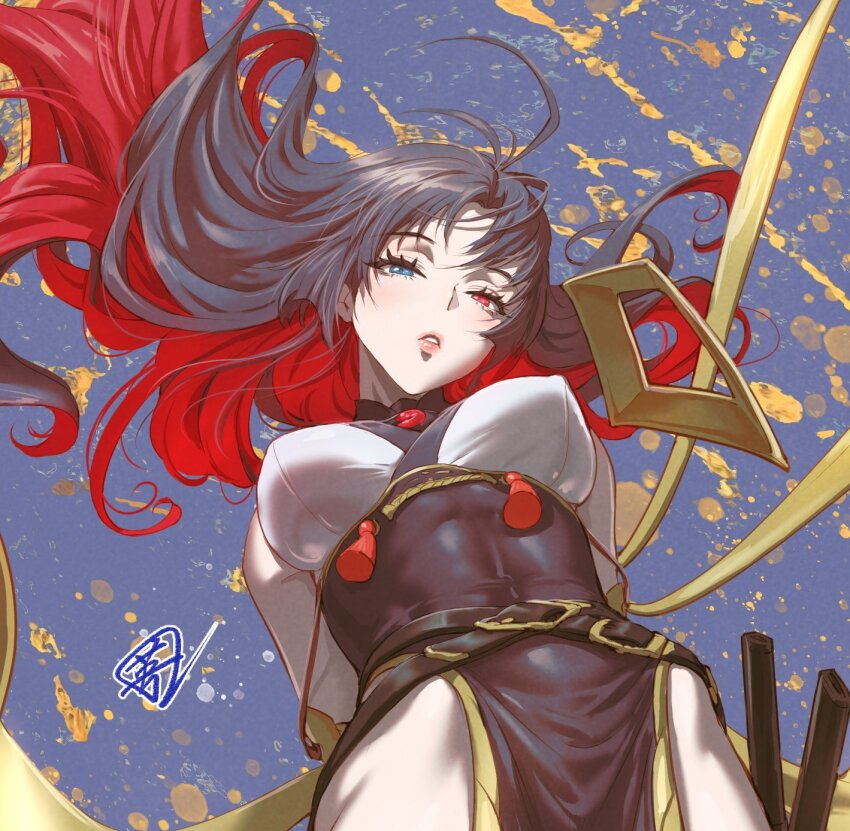 1girl black_hair blue_background blue_eyes breasts character_request colored_inner_hair commentary_request copyright_request curtained_hair eyelashes fujii_eishun highres large_breasts long_hair looking_at_viewer multicolored_hair parted_lips pelvic_curtain pink_lips red_eyes red_hair tassel two-tone_hair