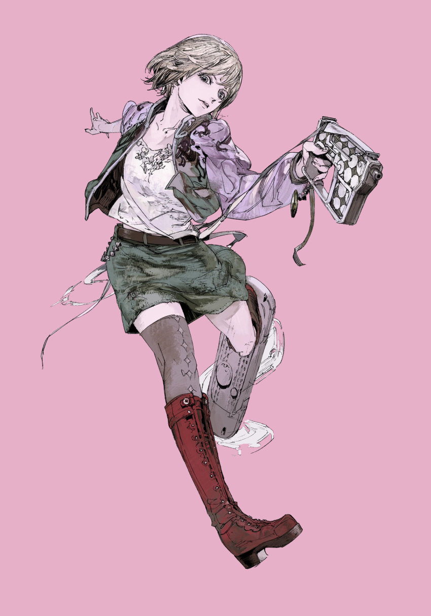 1girl absurdres blonde_hair boots female_focus full_body gun highres jacket kachi official_art short_hair simple_background sin_and_punishment sin_and_punishment:star_successor skirt solo suzuki_yasushi thighhighs treasure_(developer) tsumi_to_batsu:_sora_no_koukeisha weapon zettai_ryouiki
