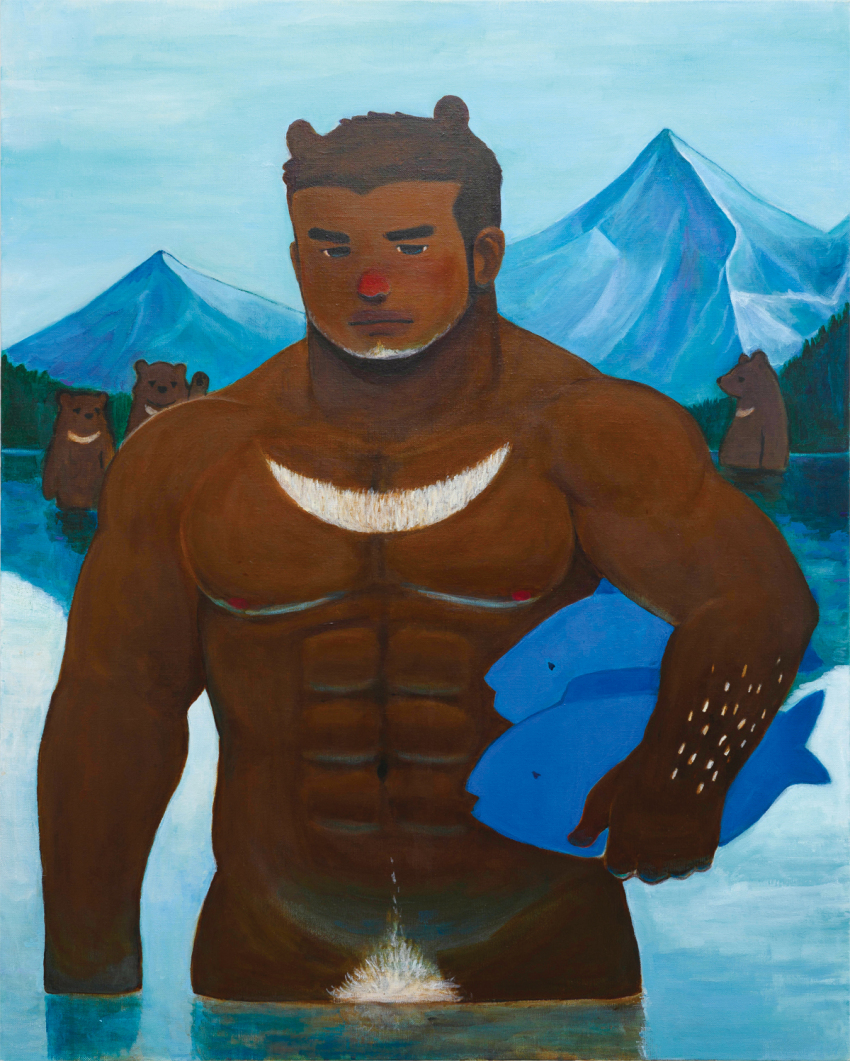 1boy acrylic_paint_(medium) animal_ears bara bear bear_ears beard_stubble dark-skinned_male dark_skin facial_hair fish highres iceberg large_pectorals looking_at_viewer male_focus male_pubic_hair medium_sideburns muscular muscular_male nude original painting_(medium) partially_submerged pectorals photo_(medium) pubic_hair red_nose short_hair solo sparse_arm_hair sparse_navel_hair strongman_waist stubble thick_eyebrows torajiro_art traditional_media very_dark_skin waving white_facial_hair