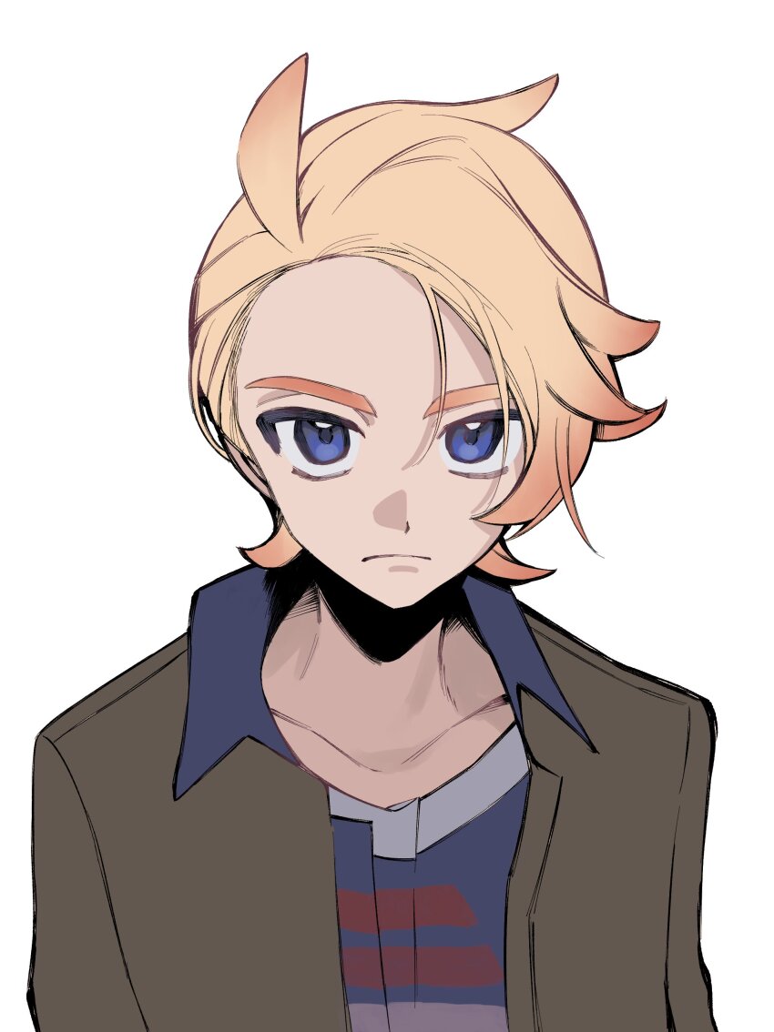 1boy absurdres blonde_hair blue_eyes brown_jacket closed_mouth collarbone collared_jacket commentary_request hair_between_eyes hei_tai_(kyaputen1) highres jacket looking_at_viewer male_focus nintendo open_clothes open_jacket pokemon pokemon_legends:_z-a print_shirt shirt simple_background solo upper_body urbain_(pokemon) white_background