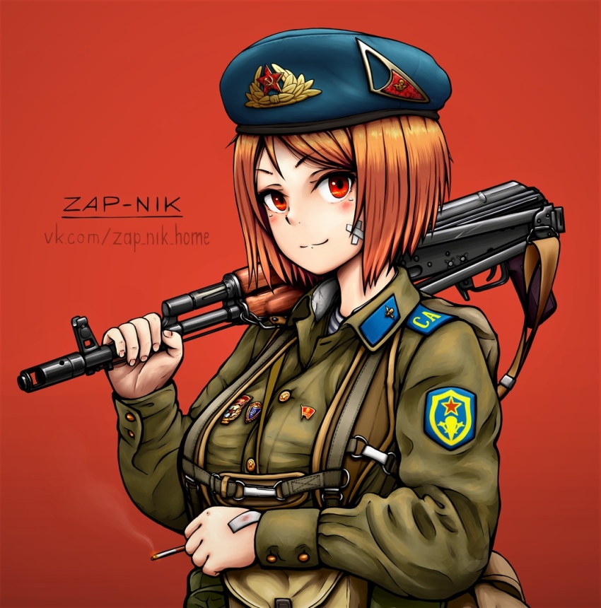 1girl :3 ak-74 aks-74 assault_rifle bandaid bandaid_on_face beret blue_hat buttoned_cuffs buttons cigarette closed_mouth collared_jacket green_jacket gun hair_between_eyes hat holding holding_gun holding_weapon jacket kalashnikov_rifle long_sleeves looking_at_viewer military military_hat military_jacket military_uniform original red_background red_eyes red_hair rifle russian_ground_forces shirt smoke smoking solo soviet striped_clothes striped_shirt telnyashka v-shaped_eyebrows weapon zap-nik