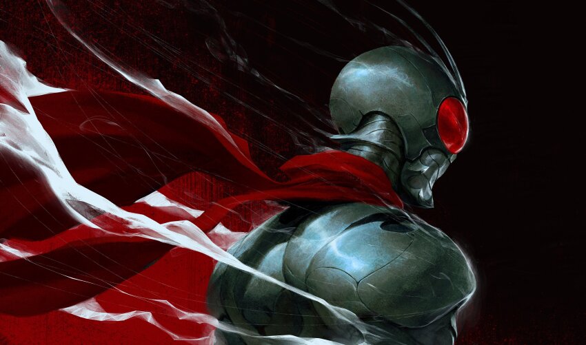 1boy armor black_background dave_rapoza green_helmet helmet highres kamen_rider kamen_rider_1 kamen_rider_1_(shin) male_focus power_armor red-tinted_eyewear red_background red_scarf scarf shin_kamen_rider smoke solo tinted_eyewear upper_body