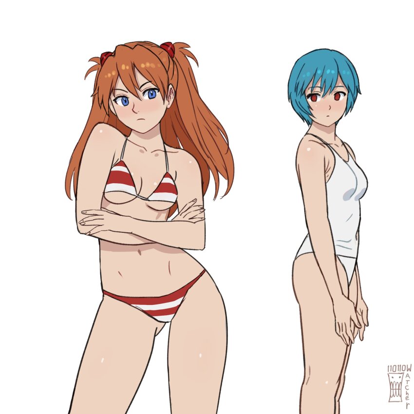 2girls absurdres arm_under_breasts artist_name ayanami_rei bare_arms bare_legs bare_shoulders bikini blue_hair breasts brown_hair collarbone commentary contrapposto crossed_arms empty_eyes english_commentary expressionless frown gluteal_fold hair_between_eyes hairpods highres long_hair looking_at_viewer medium_breasts multiple_girls navel neon_genesis_evangelion one-piece_swimsuit short_hair simple_background small_breasts souryuu_asuka_langley stomach striped_bikini striped_clothes swimsuit watcher_hollow white_background white_one-piece_swimsuit