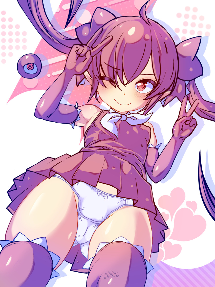 1girl ahoge armpits backbeako_(torotei) backbeard bare_shoulders black_dress black_gloves black_hair black_ribbon black_thighhighs blush bow bow_panties breasts closed_mouth commentary_request covered_erect_nipples cowboy_shot dated_commentary double_v dress elbow_gloves from_below gegege_no_kitarou gloves gluteal_fold hair_over_one_eye hair_ribbon heart highres loli long_hair looking_at_viewer neckerchief one_eye_closed original paid_reward_available panties pointy_ears red_eyes ribbon ringed_eyes simple_background sleeveless sleeveless_dress small_breasts smile solo thigh_gap thighhighs torotei twintails underwear upskirt v variant_set white_background white_neckerchief white_panties