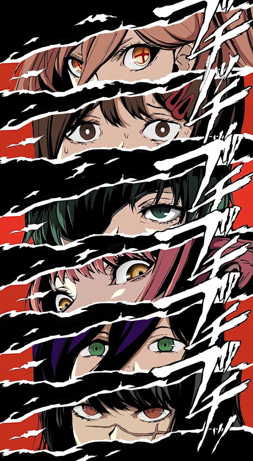 6+girls black_hair brown_hair chainsaw_man character_name cross-shaped_pupils cross_scar eiji_nochi eye_focus eyepatch green_eyes hair_ornament hairclip higashiyama_kobeni highres himeno_(chainsaw_man) long_hair looking_at_viewer makima_(chainsaw_man) medium_hair multiple_girls orange_eyes persona persona_5 persona_eyes power_(chainsaw_man) purple_hair red_eyes red_hair reze_(chainsaw_man) ringed_eyes scar short_hair single_sidelock sweat swept_bangs symbol-shaped_pupils yellow_eyes yoru_(chainsaw_man)