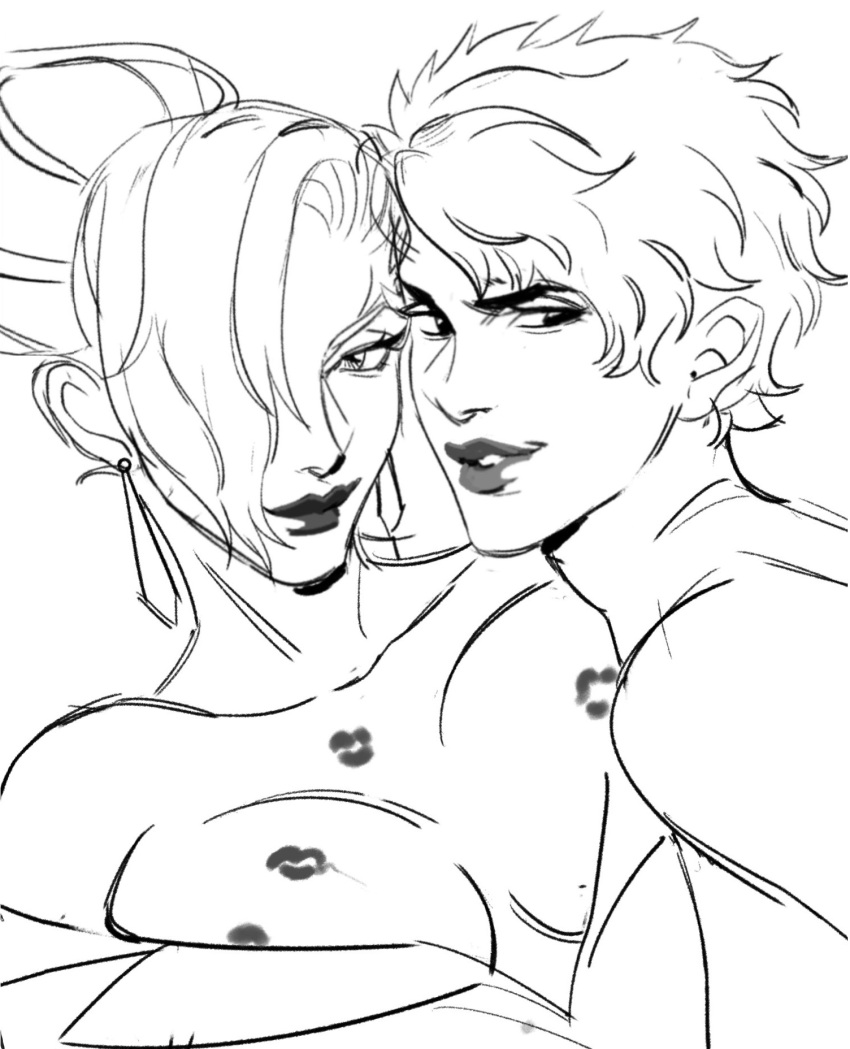 2girls breasts cleavage dress earrings formal_clothes hair_bun highres jewelry kiss lipstick long_hair looking_at_viewer looking_back makeup mature_(kof) medium_breasts multiple_girls short_hair smile smiley_face suit the_king_of_fighters vice_(kof) yuri