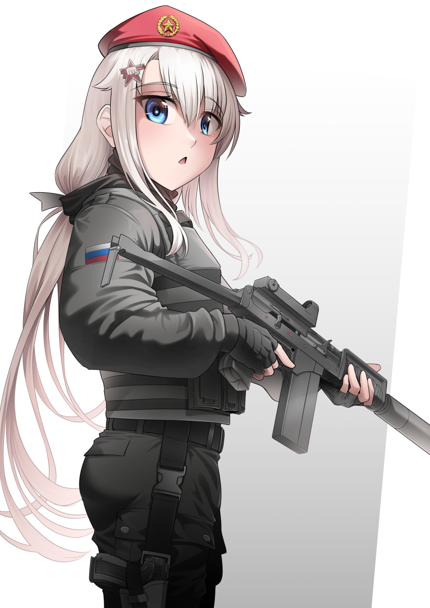 1girl 9a-91 9a-91_(girls&#039;_frontline) absurdres alternate_costume assault_rifle belt beret black_belt black_gloves black_pants blue_eyes bulletproof_vest commentary commission cowboy_shot english_commentary from_side girls&#039;_frontline gloves gradient_background grey_background gun handgun hat highres holding holding_gun holding_weapon holster long_hair looking_at_viewer mp-443_grach pants red_hat rifle russian_flag senpaihawkkun simple_background solo tactical_clothes triangle_mouth trigger_discipline weapon white_background white_hair