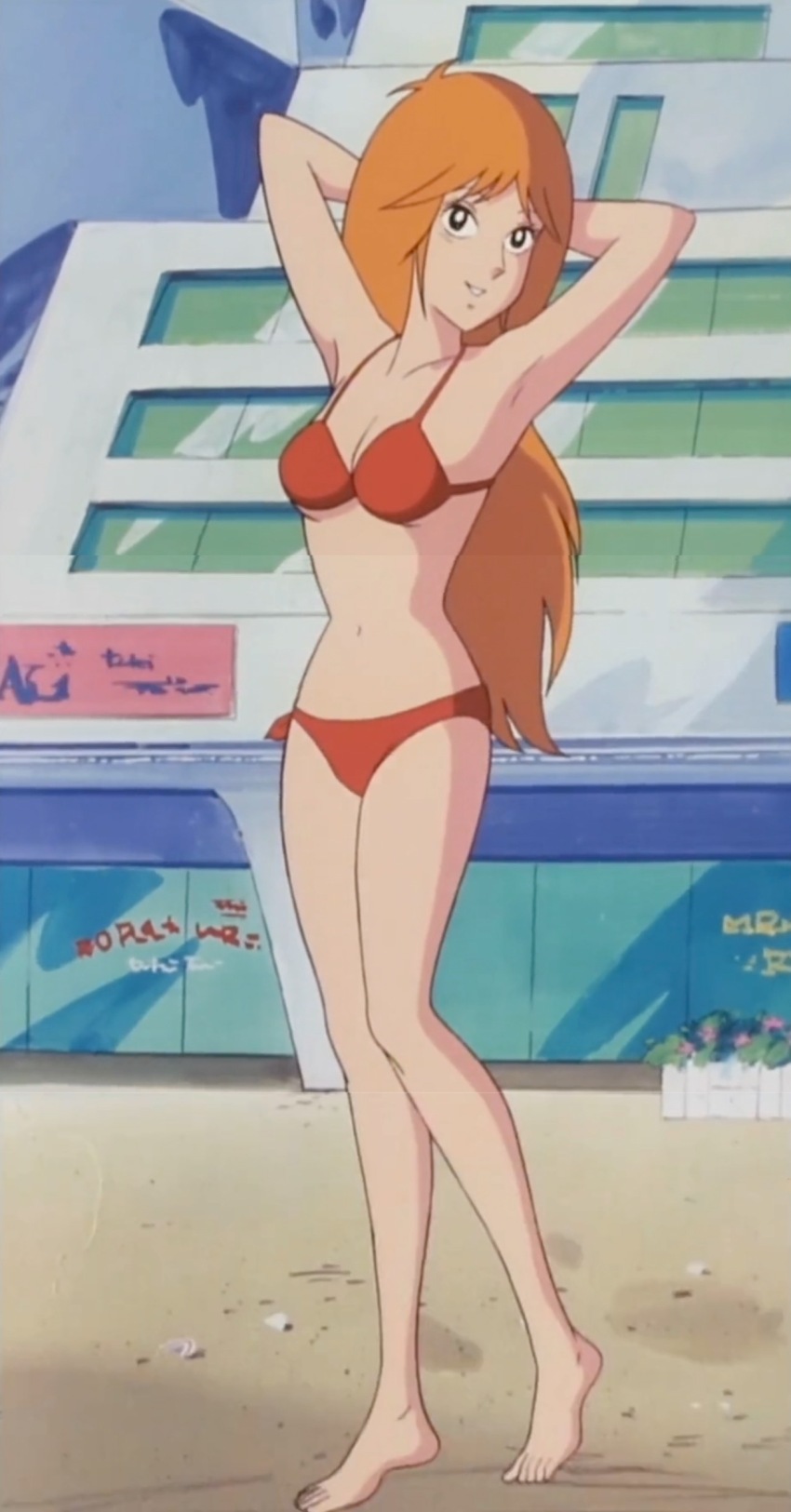 1girl absurdres armpits arms_behind_head barefoot beach bikini breasts feet female_focus flora_shinobu highres legs long_hair looking_at_viewer medium_breasts navel orange_hair parted_lips red_bikini saikyo_robo_daiohja saikyou_robo_daiooja seductive_gaze seductive_smile shinobu_(daiohja) smile solo stitched swimsuit teeth third-party_edit