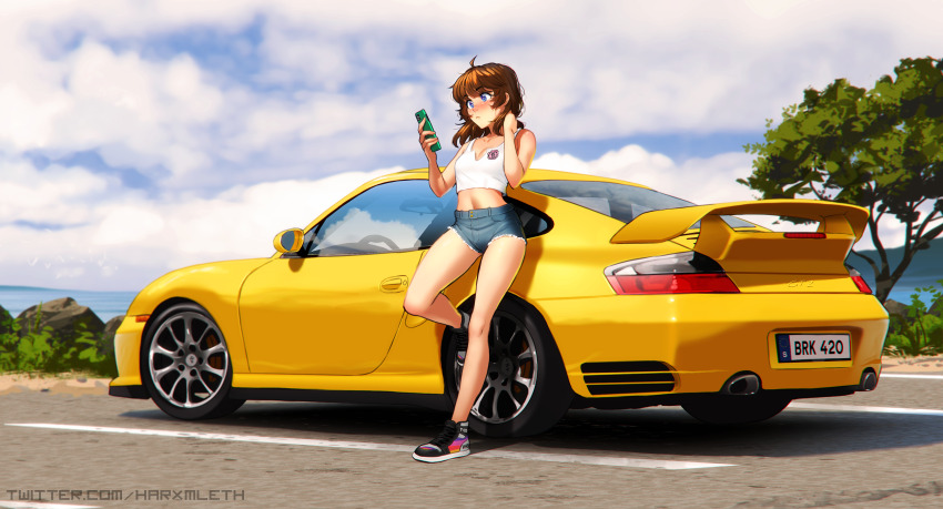1girl absurdres blue_eyes brooke_(mleth) brown_hair car cloud commentary crop_top denim denim_shorts english_commentary hand_in_own_hair highres holding holding_phone looking_at_phone medium_hair mleth motor_vehicle original outdoors phone porsche porsche_911 porsche_996 shoes short_shorts shorts sky sneakers solo spoiler_(automobile) sports_car surprised tank_top tree vehicle_focus watermark web_address white_tank_top