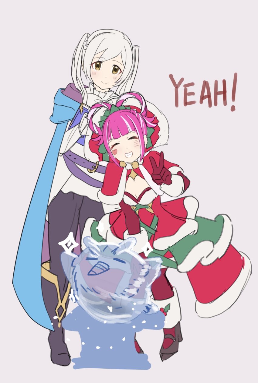 2girls ayanodesuu black_footwear black_pants blue_cape blunt_bangs breasts brown_eyes cape capelet cleavage closed_eyes closed_mouth commentary_request dress english_text facial_mark feh_(fire_emblem_heroes) female_robin_(fire_emblem) fire_emblem fire_emblem_awakening fire_emblem_engage fire_emblem_heroes full_body gloves hair_rings heart heart_facial_mark highres hortensia_(fire_emblem) hortensia_(winter&#039;s_dearest)_(fire_emblem) ice_sculpture looking_at_viewer multiple_girls nintendo official_alternate_costume pants red_capelet red_dress red_gloves female_robin_(exalt&#039;s_right_hand)_(fire_emblem) santa_capelet santa_costume santa_dress shirt small_breasts smile teeth twintails v white_hair white_shirt