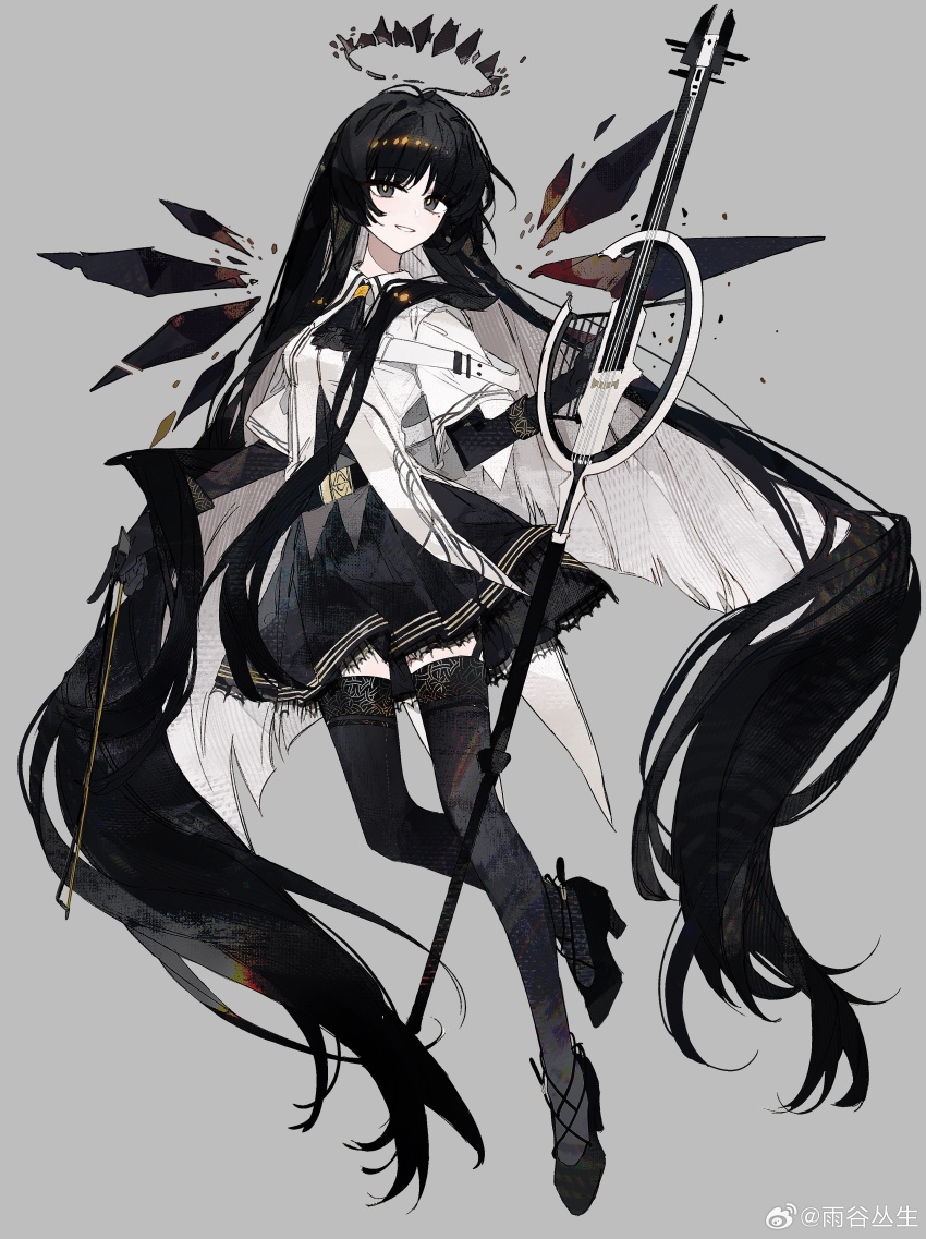 1girl absurdres arknights artist_name ascot black_ascot black_hair black_shoes black_skirt black_thighhighs bow_(music) buqiyong cello chinese_commentary collared_shirt colored_inner_hair commentary_request elbow_gloves gloves grey_background grey_eyes halo high_heels highres holding holding_bow_(music) holding_instrument instrument long_hair looking_at_viewer multicolored_hair parted_lips shirt shoes simple_background skirt solo thighhighs very_long_hair virtuosa_(arknights) white_hair white_shirt wings