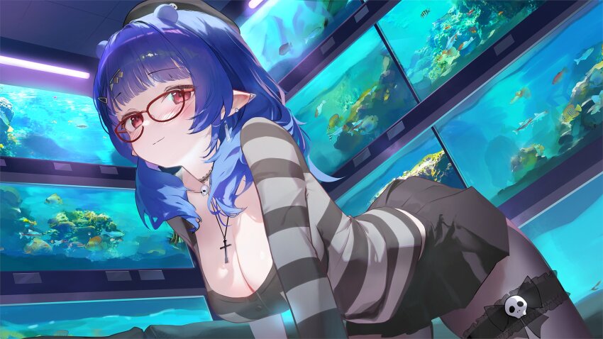 1girl artist_request beret black_choker black_hat black_leggings black_skirt blue_hair blunt_bangs breasts choker cleavage cropped_arms cropped_legs cross crucifix dizzy_dokuro dizzy_dokuro_(goth) ear_ornament earrings fish fish_tank glasses grey_shirt hair_ornament hairclip hat highres jewelry large_breasts leggings looking_at_viewer necklace official_art phase_connect pleated_skirt pointy_ears red_eyes shirt sidelocks skirt skull_pendant striped_clothes striped_shirt thigh_strap tropical_fish virtual_youtuber