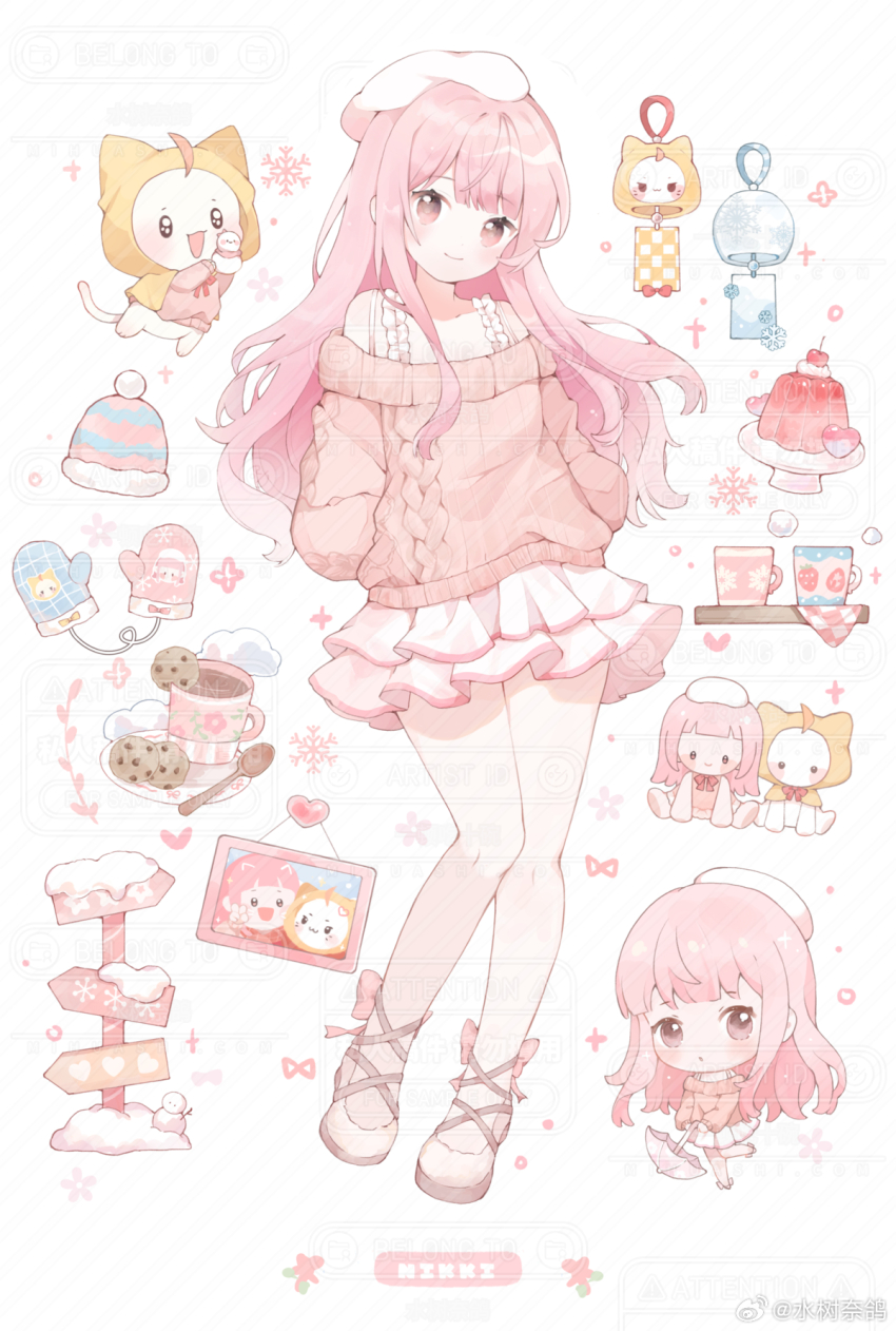 1girl :o ahoge animal arms_behind_back asymmetrical_gloves bare_legs bare_shoulders beret black_eyes blunt_bangs bow cat character_doll chibi chocolate_chip_cookie cloak closed_mouth clothed_animal commission cookie cross-laced_footwear cup ear_covers eyelashes flats food footwear_bow frilled_shirt frilled_skirt frills full_body gelatin gloves hat heart highres holding holding_umbrella hood hood_up hooded_cloak hot_chocolate light_blush long_hair miniskirt mismatched_gloves mittens momo_(nikki) mug multiple_views napkin nikki_(nikki) nikki_(series) nikki_up2u2:_world_traveller off-shoulder_sweater off_shoulder parted_lips photo_(object) picture_frame pink_bow pink_eyes pink_hair pink_sweater pink_umbrella plate post_sign sample_watermark second-party_source shelf shirt sidelocks simple_background skirt sleeveless sleeveless_shirt smile snowflakes snowman sparkle spoon steam stuffed_animal stuffed_cat stuffed_toy sweater too_many_watermarks umbrella very_long_hair watermark wavy_hair weibo_watermark white_background white_cat white_footwear white_hat white_shirt white_skirt wind_chime yellow_cloak yidun_chishiwan
