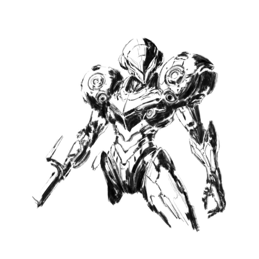 1girl alzandahh arm_cannon armor assault_visor facing_viewer gun helmet highres metroid metroid_dread nintendo normal_suit_(metroid) power_armor power_suit_(metroid) samus_aran science_fiction simple_background sketch solo weapon white_background