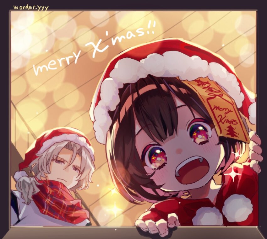 1boy 1girl artist_name black_hair blue_eyes box child christmas closed_mouth commentary excited gift gift_box grey_hair hair_between_eyes hair_over_shoulder hat indoors jiangshi kuroda_(kuro_yyy) long_hair looking_at_viewer looking_down merry_christmas ofuda open_gift open_mouth original plaid_clothes plaid_scarf pom_pom_(clothes) red_eyes red_hat red_scarf red_shirt rei_(kuroda_(kuro_yyy)) rooftop santa_hat scarf shirt short_hair signature sparkle sparkling_eyes sweater teeth upper_teeth_only white_sweater