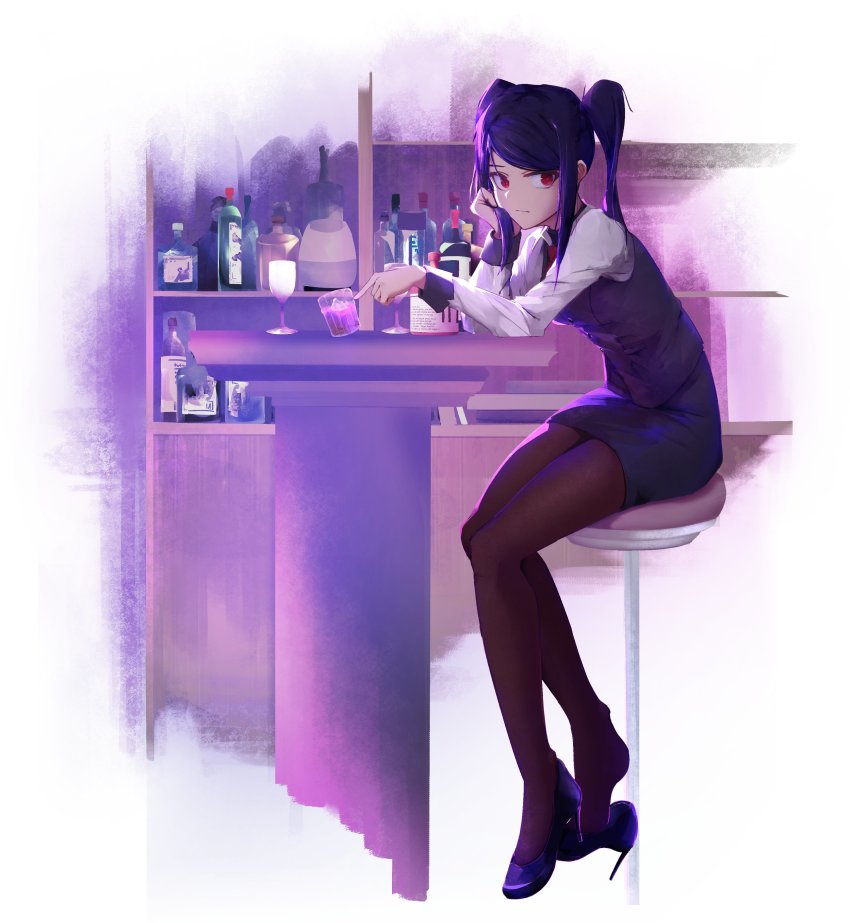 absurdres alcohol bar_(place) bartender black_hair cocktail_glass cup cyberpunk drinking_glass high_heels highres jill_stingray long_hair pantyhose red_eyes shaker skirt solo twintails va-11_hall-a very_long_hair whiskey