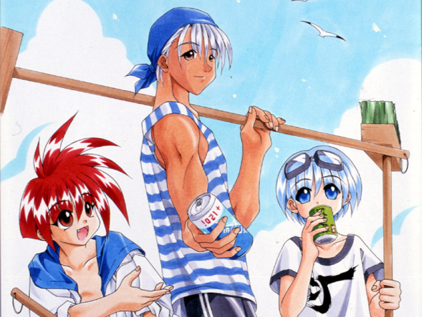 3boys aleph_coulson atelier-moo bare_shoulders bird blue_eyes blue_hair bob_cut brown_eyes can christpher_cross cleaning_brush closed_mouth cloud collarbone cowboy_shot drink hair_between_eyes holding holding_brush holding_can holding_drink hood hoodie looking_at_viewer multiple_boys open_mouth outdoors pete_ross red_eyes red_hair seagull shirt short_hair sky smile standing tank_top teeth upper_body white_hair yuukyuu_gensoukyoku
