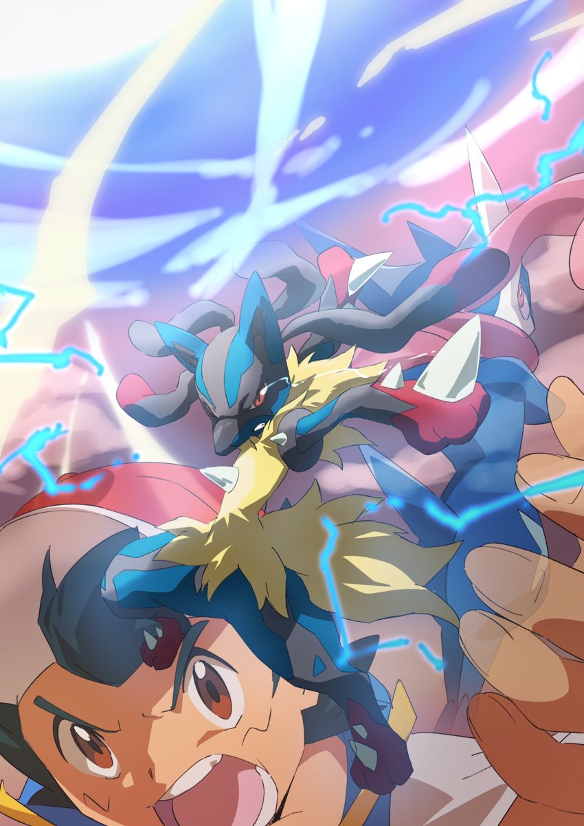 1boy ash_ketchum black_hair blouse blue_jacket brown_eyes commentary_request energy fingernails gen_4_pokemon hat highres jacket lucario male_focus mega_lucario mega_pokemon nintendo open_mouth pokemon pokemon_(anime) pokemon_(creature) pokemon_journeys red_headwear shirt short_hair short_sleeves sleeveless sleeveless_jacket teeth tongue white_shirt yusuke_oshida