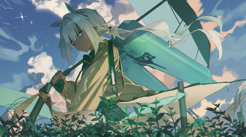 1girl animal_ear_fluff animal_ears arknights art_study blue_skirt blue_sky brown_jacket closed_mouth cloud commentary_request danzir dark-skinned_female dark_skin day floating_hair gloves green_gloves green_umbrella grey_hair hair_between_eyes highres holding holding_umbrella jacket long_hair long_sleeves low_ponytail outdoors plant ponytail puffy_long_sleeves puffy_sleeves purple_eyes skirt sky solo tuye_(arknights) umbrella very_long_hair white_hair