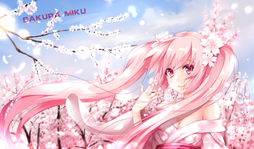 blush breasts character_name cleavage colored_eyelashes day dress hatsune_miku highres long_hair off_shoulder outdoors pink_eyes pink_hair sakura smile solo twintails very_long_hair vocaloid