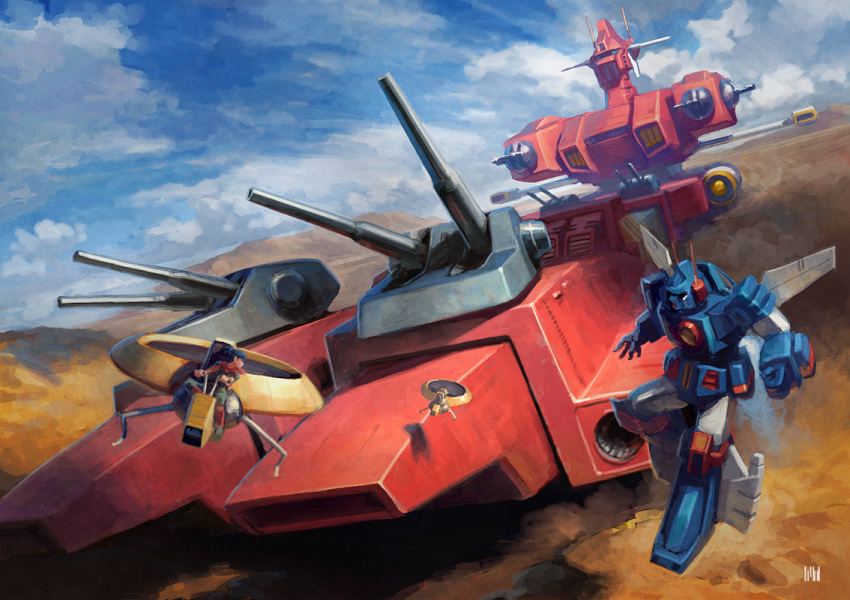 1girl battleship blue_hair clenched_hand flying fmu hover_vehicle iron_gear landship looking_to_the_side mecha military military_vehicle open_hand pilot_suit rag_uralo realistic robot science_fiction sentou_mecha_xabungle ship ship_turret short_hair visor warship watercraft xabungle_(mecha)