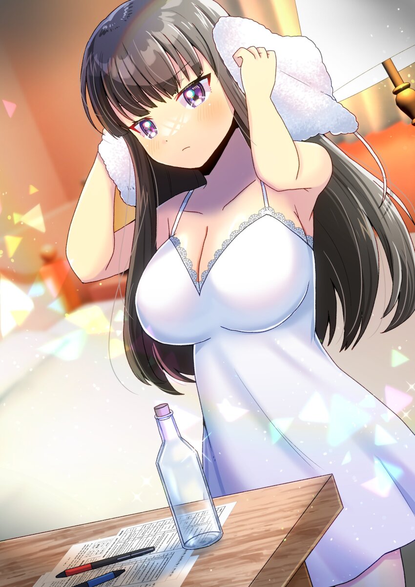 1girl absurdres arms_up bare_arms bare_shoulders bed black_hair blurry blurry_background blush bottomless breasts cleavage closed_mouth collarbone commentary_request commission cork depth_of_field dress dutch_angle highres holding holding_towel indoors kou_hiyoyo lace lace-trimmed_dress lace_trim large_breasts long_hair lunon_(umineko) pen purple_eyes skeb_commission sleeveless sleeveless_dress solo towel umineko_no_naku_koro_ni v-shaped_eyebrows very_long_hair white_dress