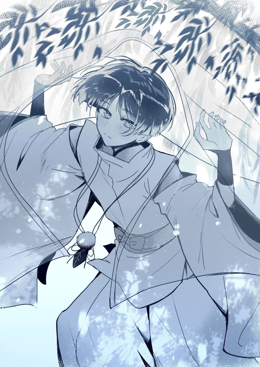 1boy absurdres aka_(akateatime) armor blunt_ends blush bow branch closed_mouth clothing_cutout feathers fingernails genshin_impact greyscale hands_up highres japanese_armor japanese_clothes kariginu kimono kote layered_kimono layered_sleeves leaf long_sleeves looking_at_viewer looking_up male_focus monochrome open_hands outdoors pants pelvic_curtain pom_pom_(clothes) sash scaramouche_(genshin_impact) scaramouche_(kabukimono)_(genshin_impact) see-through_clothes see-through_veil shoulder_cutout solo split_mouth string veil wide_sleeves