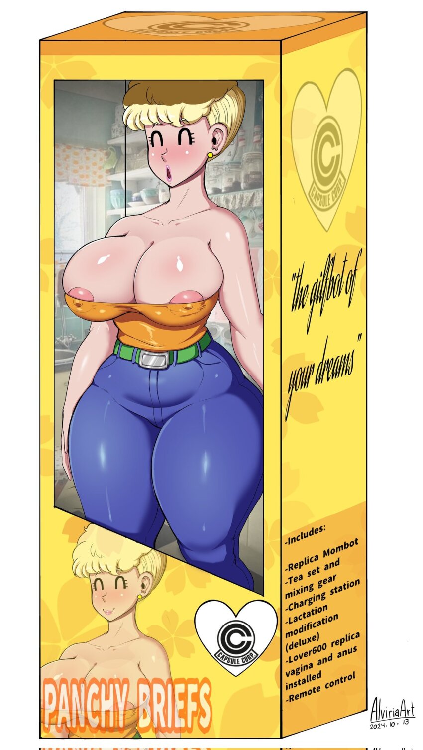 1girl alviriaart blonde_hair breasts doll dragon_ball earrings highres jewelry large_breasts mature_female nipples panchy smile solo