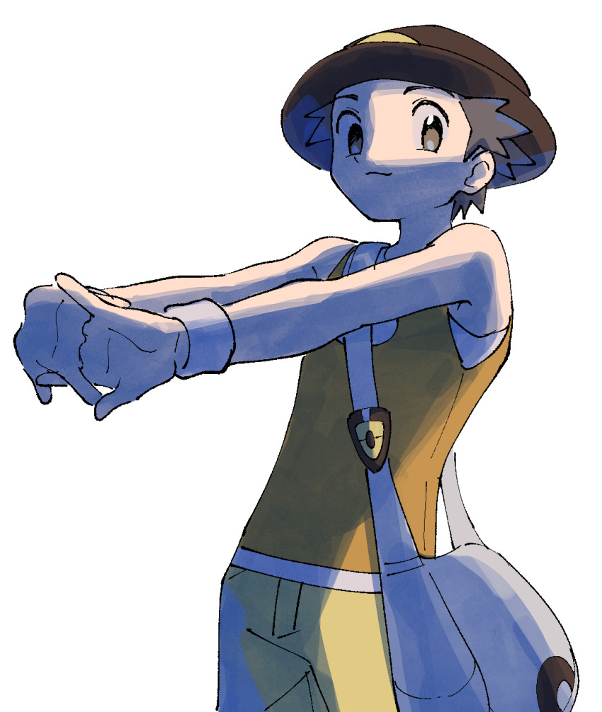 1boy adapted_costume androgynous bag black_hair brown_eyes commentary_request cosplay highres leaf_(pokemon) leaf_(pokemon)_(cosplay) male_focus nintendo pants pokemon pokemon_masters_ex pumpkinpan red_(pokemon) smile solo stretching tank_top wristband yellow_pants yellow_tank_top