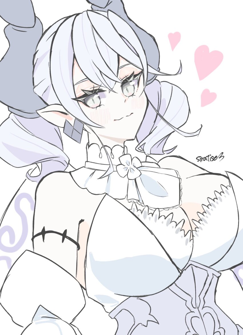 1girl bare_shoulders breasts cleavage demon_girl demon_horns demon_wings dress drill_hair duel_monster earrings grey_eyes grey_hair heart highres horns jewelry large_breasts lovely_labrynth_of_the_silver_castle pointy_ears simple_background sira_tise slit_pupils solo strapless strapless_dress twin_drills upper_body white_background white_dress wings yu-gi-oh!