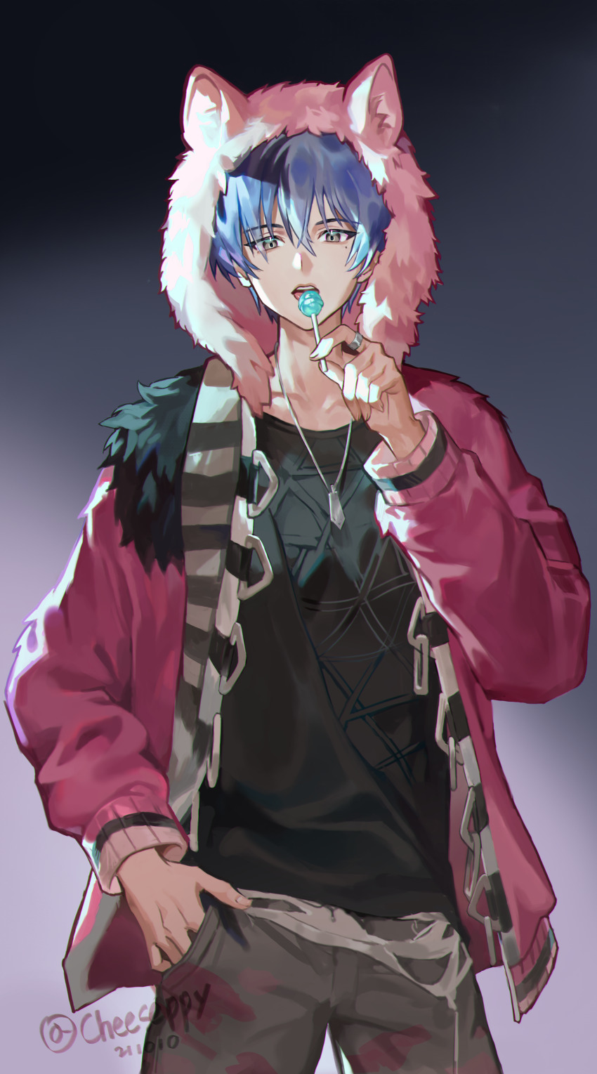 1boy absurdres animal_ears aoyagi_touya awakening_beat_(project_sekai) black_shirt blue_hair candy cheeseppy cowboy_shot dog_tags food grey_eyes grey_pants hamster_ears highres holding holding_candy holding_food holding_lollipop hood hood_up jacket jewelry lollipop long_sleeves multicolored_hair necklace pants pink_jacket project_sekai shirt solo split-color_hair