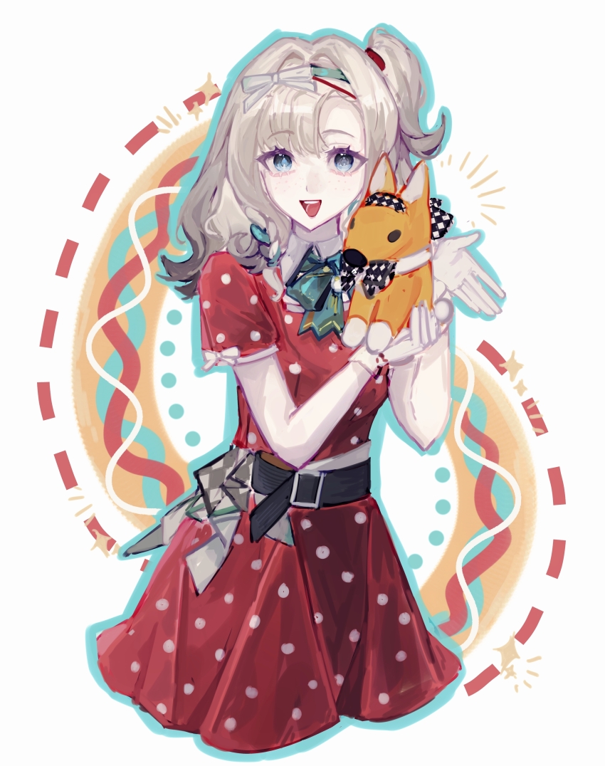 1girl :d absurdres animal animalization aqua_headband baby_animal belt black_belt blue_eyes collared_dress cropped_legs dog dress gloves grey_hair hair_ribbon hands_up highres holding holding_animal looking_at_viewer matilda_bouanich matilda_bouanich_(the_great_taste_investigator) medium_hair official_alternate_costume one_side_up open_mouth polka_dot polka_dot_dress puppy red_dress reverse:1999 ribbon sangyu-feiwan short_dress short_sleeves smile solo sonetto_(reverse:1999) teeth upper_body upper_teeth_only white_background white_gloves white_ribbon