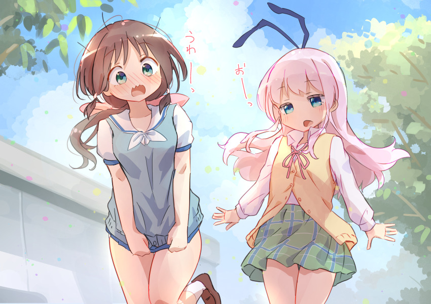 2girls absurdres blue_eyes blue_shirt blue_sky breasts brown_hair cloud collared_shirt commentary_request commission cosplay costume_switch cowboy_shot day dress_shirt green_eyes green_skirt highres honda_tamaki honda_tamaki_(cosplay) icorasama long_hair long_sleeves loose_neck_ribbon low-tied_sidelocks low_ponytail medium_breasts microskirt miniskirt multiple_girls naganawa_maria neck_ribbon neckerchief outdoors pink_hair pink_ribbon plaid_clothes plaid_skirt pleated_skirt ponytail ribbon sailor_collar sengoku_kamuri sengoku_kamuri_(cosplay) shirt short_sleeves sidelocks skeb_commission skirt sky slow_start stella_no_mahou undersized_clothes vest voice_actor_connection white_neckerchief white_sailor_collar white_shirt white_sleeves yellow_vest