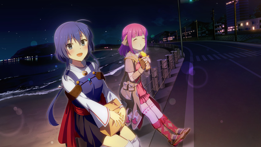2girls :d :t against_railing beach blue_eyes blue_hair cape closed_eyes cosplay eating food food_request game_cg gloves holding holding_food long_hair looking_at_viewer miki_sauvester multiple_girls night night_sky official_art open_mouth outdoors pink_hair railing red_cape rena_lanford rena_lanford_(cosplay) road setouchi_chie short_hair skirt sky smile standing star_ocean star_ocean_anamnesis street toji_no_miko toji_no_miko:_kizamishi_issen_no_tomoshibi utility_pole water