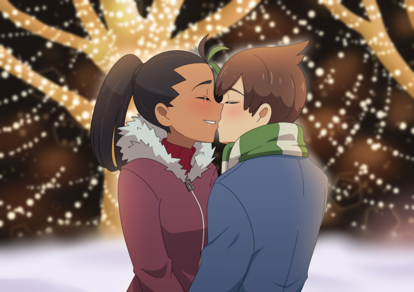 1boy 1girl absurdres ahoge alternate_costume black_hair blush brown_hair christmas_lights christmas_tree closed_eyes dark-skinned_female dark_skin decorations florian_(pokemon) hetero highres jacket kissing_cheek nemona_(pokemon) nintendo pok3d pokemon pokemon_sv scarf smile snow winter_clothes