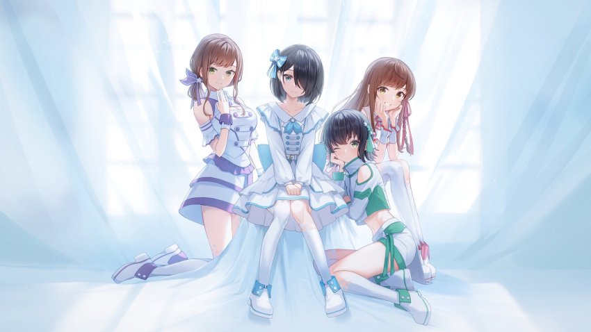 4girls :d ankle_boots asymmetrical_legwear belt black_hair blue_bow blue_eyes blush bob_cut boots bow breasts brown_eyes brown_hair character_request cleavage cleavage_cutout closed_mouth clothing_cutout cropped_shirt dress enogu fold-over_boots green_eyes grin hair_bow hair_over_one_eye hair_ribbon head_tilt highres iwamotochou_geinousha kagawa_ichigo kneehighs kneeling knees_together_feet_apart large_breasts long_sleeves looking_at_viewer midriff miniskirt multiple_girls navel neck_ribbon one_eye_closed one_eye_covered open_mouth pleated_skirt red_ribbon ribbon shirt shoulder_cutout single_kneehigh single_sock single_thighhigh sitting skirt smile socks thighhighs uneven_legwear virtual_youtuber white_belt white_dress white_footwear white_legwear white_shirt wristband