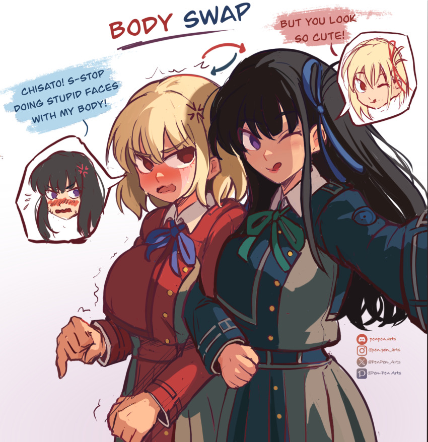 2girls anger_vein angry belt black_hair blonde_hair blue_belt blue_dress blue_ribbon blush bob_cut body_switch clenched_hand collar collared_dress commentary dress embarrassed english_commentary english_text flustered green_ribbon hair_ribbon highres inoue_takina instagram_logo instagram_username locked_arms long_hair long_sleeves lycoris_recoil lycoris_uniform multiple_girls neck_ribbon nervous nervous_sweating nishikigi_chisato one_eye_closed open_mouth pen-pen_arts personality_switch pixiv_logo pixiv_username purple_eyes red_belt red_dress red_eyes red_ribbon reddit_logo reddit_username ribbon short_hair simple_background smile sweat sweatdrop tongue tongue_out trembling twitter_username twitter_x_logo two-tone_dress white_background white_collar