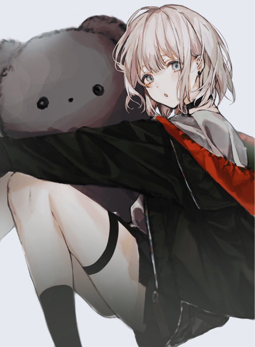 1girl :o black_jacket black_skirt black_socks black_straps blonde_hair blue_eyes blurry character_request check_character commentary depth_of_field feet_out_of_frame from_side grey_background highres holding holding_stuffed_toy idolmaster idolmaster_shiny_colors jacket knees_up light_blush long_sleeves looking_at_viewer mameko_(l8_w3) messy_hair open_mouth red_jacket serizawa_asahi shirt short_hair simple_background sitting skirt socks solo stuffed_animal stuffed_toy teddy_bear thigh_strap thighs turning_head two-sided_fabric two-sided_jacket white_shirt