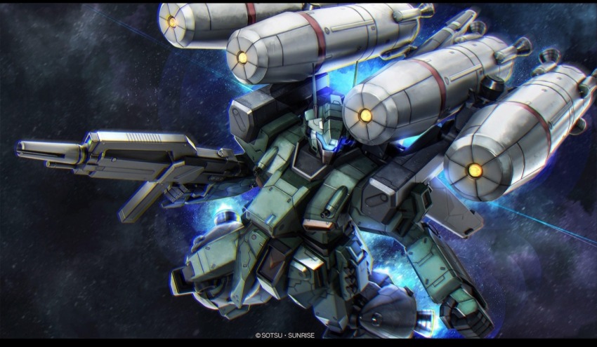 beam_rifle blue_visor copyright_logo energy_gun gundam gundam_battle_operation_2 machinery mecha mecha_focus missile mobile_suit nebula official_art painting_(medium) prototype_stark_jegan radio_antenna realistic robot science_fiction star_(sky) tenjin_hidetaka thrusters traditional_media vernier_thrusters weapon