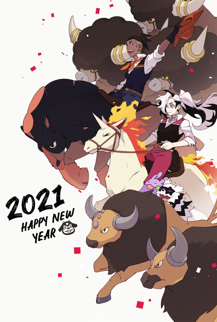 2021 2boys alternate_costume arm_up belt black_gloves black_hair bouffalant brown_belt chinese_zodiac closed_mouth commentary earrings eyeshadow fire floating_hair galarian_form galarian_zigzagoon gen_1_pokemon gen_2_pokemon gen_5_pokemon gen_6_pokemon gen_7_pokemon gen_8_pokemon gloves goomy happy_new_year highres jewelry makeup male_focus miltank mudsdale multicolored_hair multiple_boys new_year nintendo open_mouth pants piers_(pokemon) pokemon pokemon_(creature) pokemon_swsh purple_pants raihan_(pokemon) riding riding_pokemon sitting sleeves_rolled_up smile tauros teeth tongue two-tone_hair undercut white_hair year_of_the_ox zigzagdb