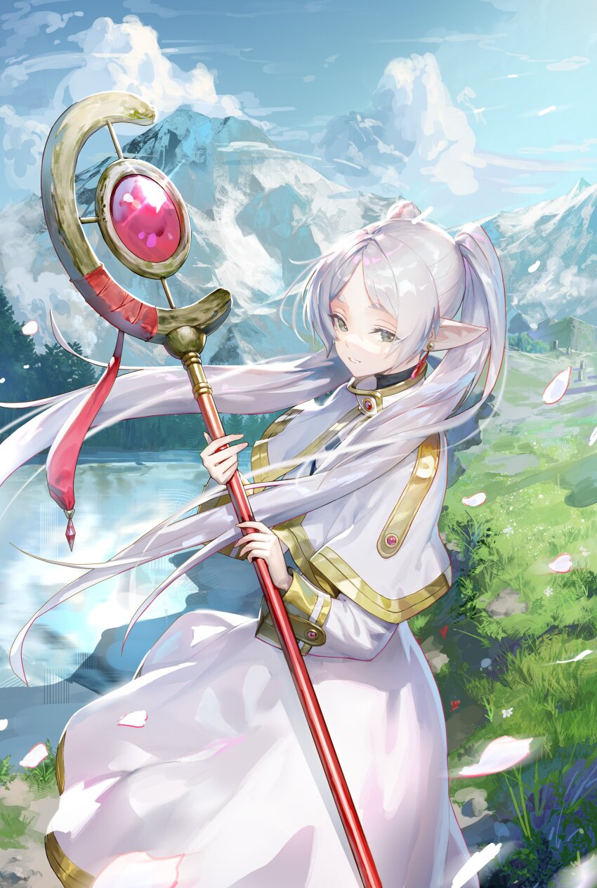 1girl absurdres capelet cloud earrings elf falling_petals floating_earring frieren grass green_eyes highres holding holding_staff jewelry jung_wonjo lake looking_at_viewer mage_staff mountain mountainous_horizon parted_bangs petals pointy_ears shirt sky sousou_no_frieren staff striped_clothes striped_shirt twintails water white_capelet white_hair