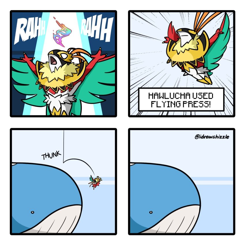 1other aura_(idrawshizzle) bird blank_eyes claws closed_mouth feathers flying_press_(pokemon) furry gen_3_pokemon gen_6_pokemon hawlucha highres luchador luchador_mask mask mega_evolution_symbol mega_hawlucha mega_pokemon nintendo open_mouth plume pokemon pokemon_(creature) pokemon_focus sound_effects spotlight wailord whale wing_cape wings