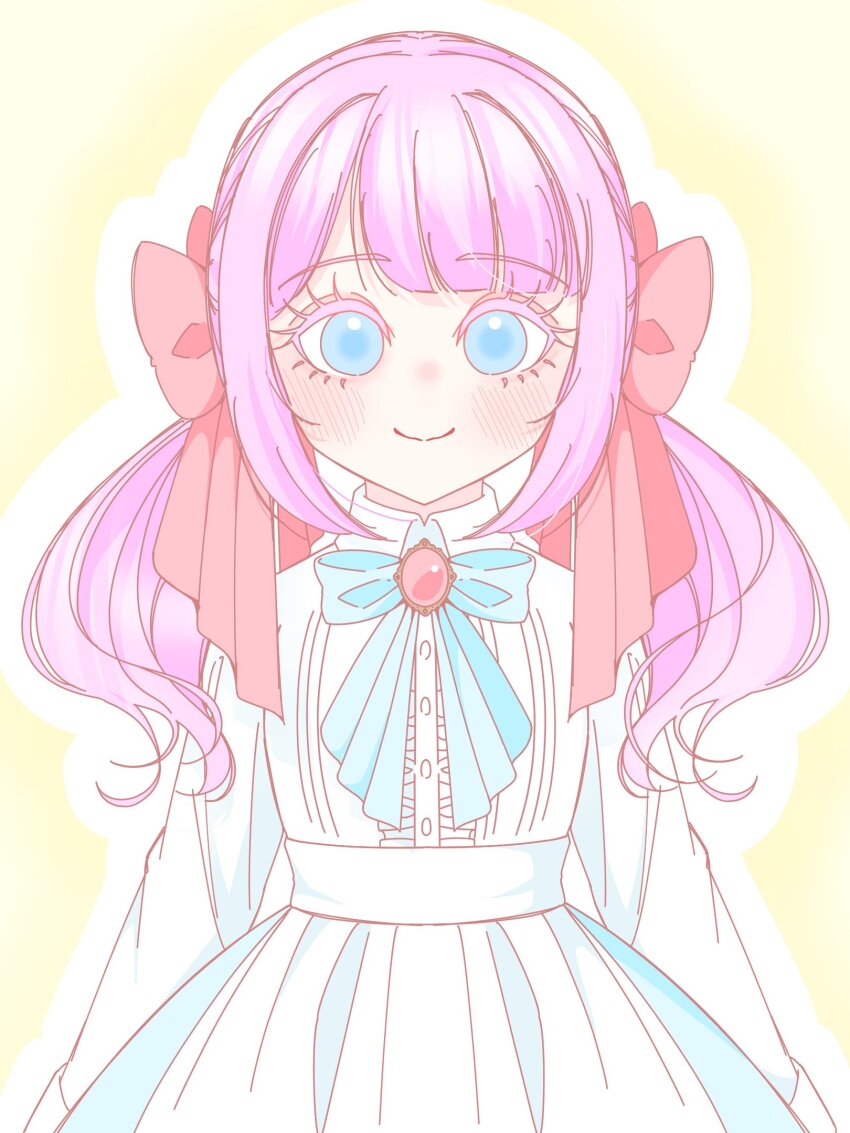 1girl alicia_(aris_lily0418) arms_at_sides assault_lily blue_bow blue_bowtie blue_eyes blush bow bowtie center_frills closed_mouth collared_dress dress frilled_dress frills gradient_background hair_bow highres long_hair long_sleeves looking_at_viewer outline pink_brooch pink_hair red_bow sadamori_himeka smile solo standing twintails upper_body white_dress white_outline yellow_background