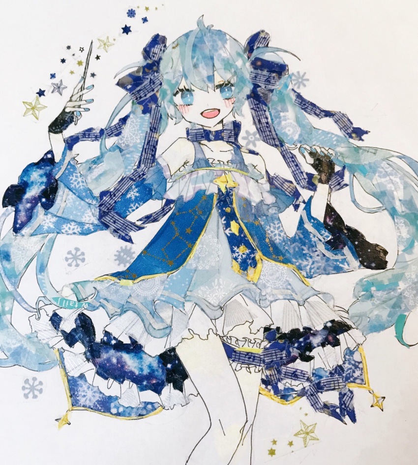 1girl :d ahoge aqua_nails arm_up bare_shoulders black_gloves blue_choker blue_dress blue_eyes blue_hair blue_ribbon blue_sleeves blush bow bow_choker bubbles_(shallows_o0) choker commentary_request contrapposto dress feet_out_of_frame fingerless_gloves frilled_dress frilled_thigh_strap frills gloves hair_between_eyes hair_ribbon hand_up hatsune_miku highres holding holding_wand long_hair looking_at_viewer masking_tape_(medium) mixed_media musical_staff open_mouth ribbon sidelocks sleeveless sleeveless_dress smile solo star_(symbol) starry_sky_print thigh_strap traditional_media twintails two-sided_dress two-sided_fabric unconventional_media very_long_hair vocaloid wand white_background wide_sleeves yellow_trim yuki_miku yuki_miku_(2017)