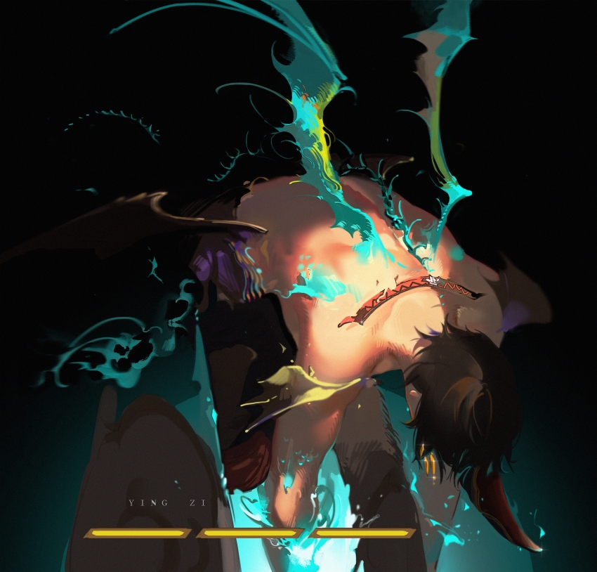 1boy absurdres adventurer_(ff14) artist_name bent_over black_background blue_background brown_hair brown_pants chinese_commentary commentary_request covered_face dragon_wings energy feet_out_of_frame final_fantasy final_fantasy_xiv from_above gameplay_mechanics gradient_background highres hyur male_focus multiple_wings pants short_hair shoulder_blades solo sparkle summoner_(final_fantasy) topless_male transformation two-tone_background wading warrior_of_light_(ff14) wings yingzi