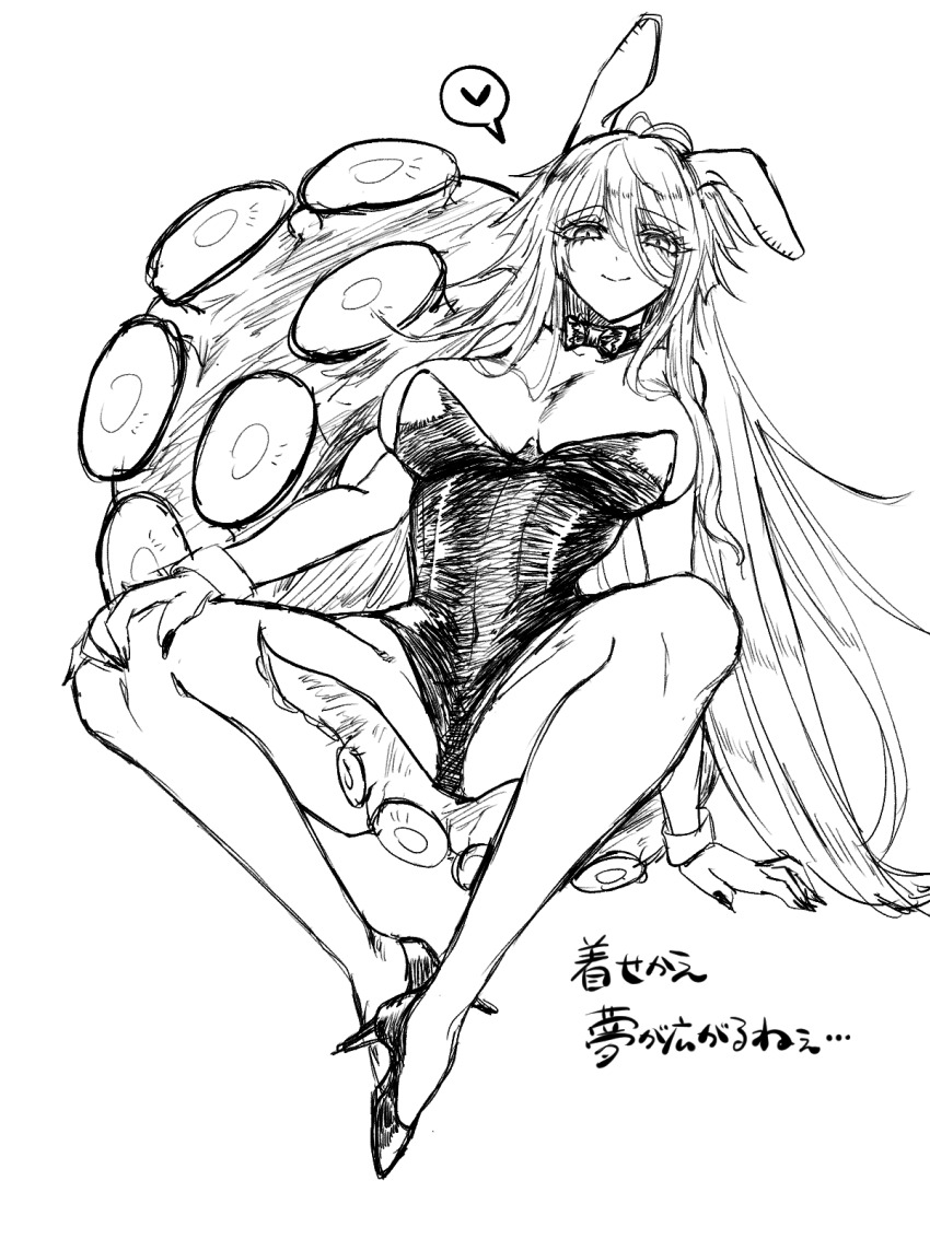 1girl animal_ears azur_lane black_footwear black_leotard bow bowtie breasts closed_mouth commentary_request detached_collar fake_animal_ears fancy_(azur_lane) greyscale hand_on_own_knee heart high_heels highres large_breasts leotard long_bangs long_hair looking_at_viewer monochrome onibawaltz playboy_bunny rabbit_ears simple_background sitting smile solo spoken_heart spread_legs suction_cups tentacles translation_request very_long_hair white_background