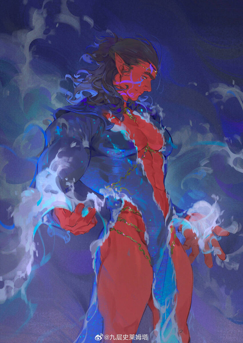 1boy absurdres baldur&#039;s_gate baldur&#039;s_gate_3 bara between_pectorals blue_theme brown_hair chain clothing_cutout cosplay_request dark-skinned_male dark_skin dress elf facepaint feet_out_of_frame groin halsin highres hydrokinesis large_pectorals lee999nine magic male_focus mature_male medium_hair muscular muscular_male pectoral_cleavage pectorals pelvic_curtain pointy_ears solo standing thick_eyebrows thighs tiara water waves