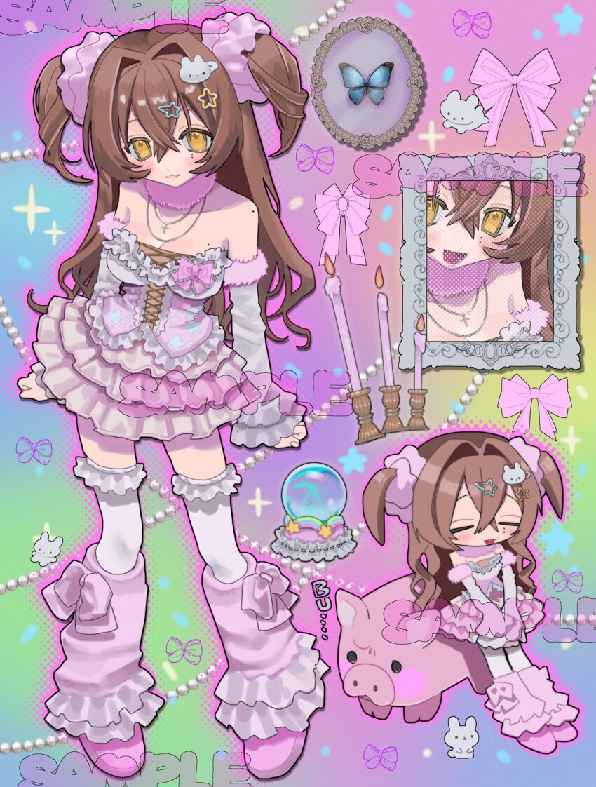 1girl :3 blush bow breasts brown_hair cleavage commentary commission cross cross_necklace crystal_ball frills gem hair_ornament hairclip highres jewelry leg_warmers long_hair looking_at_viewer multiple_views necklace original pearl_(gemstone) pig pink_leg_warmers pink_skirt pink_theme poin_(goruchopame) rabbit sample_watermark shoes skeb_commission skirt smile two_side_up very_long_hair watermark yellow_eyes